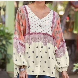Sundance Poetic Mood Paisley Peasant Bohemian Long Puff Sleeve Tunic Blouse